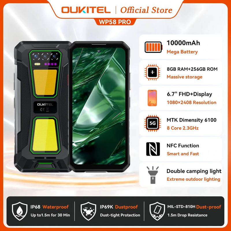 OUKITEL WP58 PRO 5G Rugged Phone 24GB(8+16) RAM + 512 ROM, 6.7'' HD 10000mAh 33W Android 15 NFC Cellphone with Dual Camping Lamp