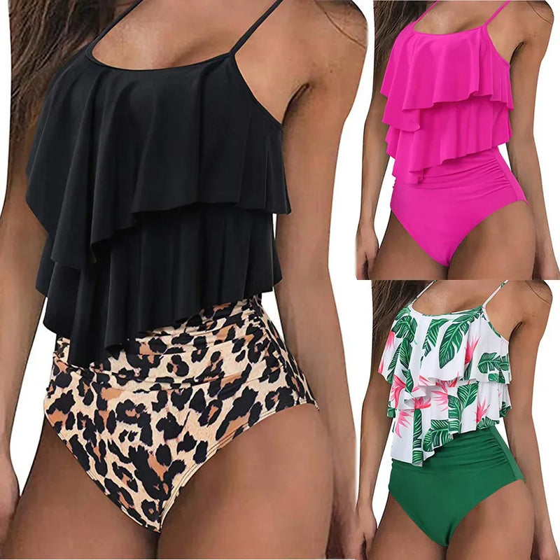 Women High Waisted Tankinis Set Swimsuits Ruffle | SAMAG