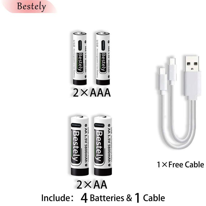 New 1.5V AAA 3600mAh+AA 5800mAh Lithium Ion Rechargeable Battery Fast Charging USB-C Li-ion Batteries 2000 Cycle with Free Cable