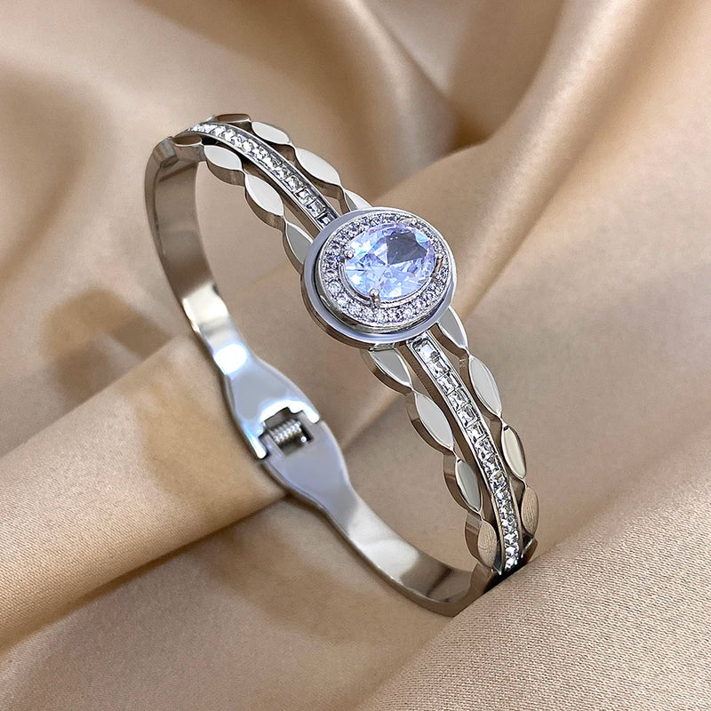 Stainless Steel Bangle Bracelet Inlay Luxury Rhinestones Gorgeous Synthetic Zirconia Geometric Oval Square Stars Shape for Women
