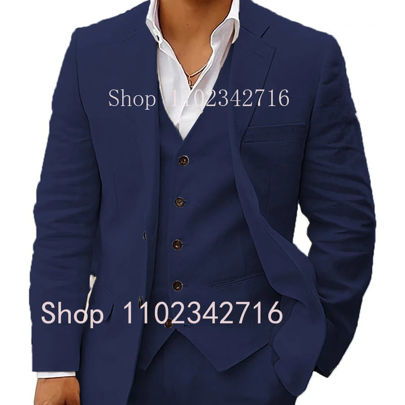 3 Piece Linen Summer Men Suits for Wedding Groom Tuxedos 2023 Casual Beach Custom Man Suit Set Jacket Vest with Pants Man Fahion
