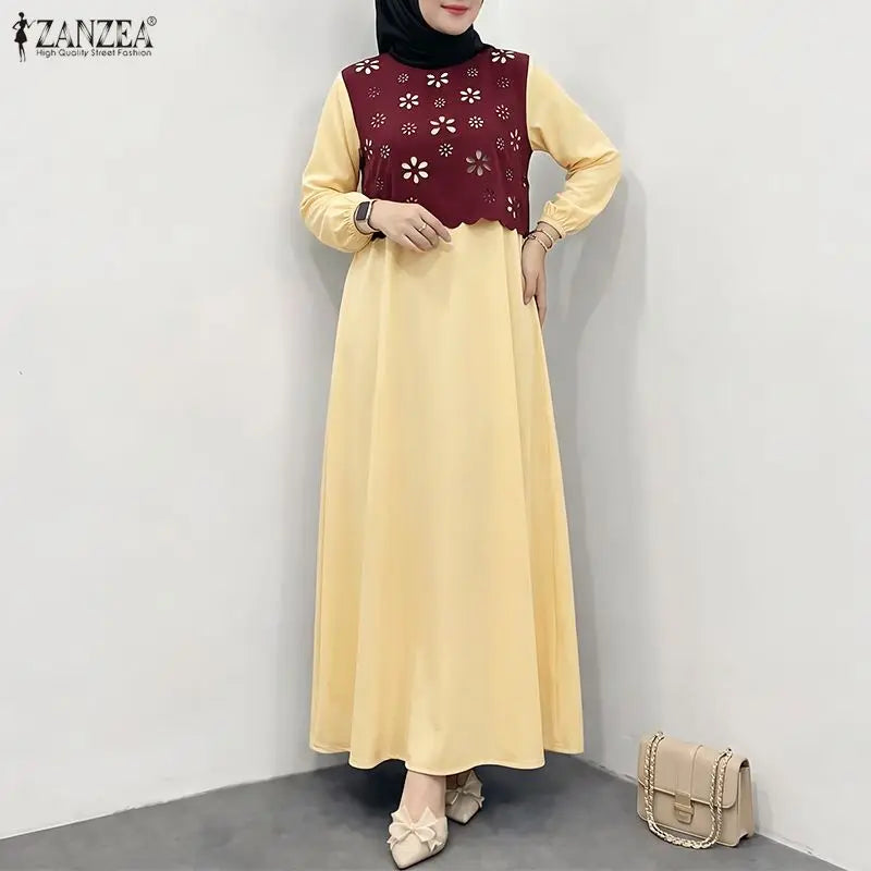 Women Muslim Dress Elegant Long Sleeve Hollow Out Fabric | SAMAG