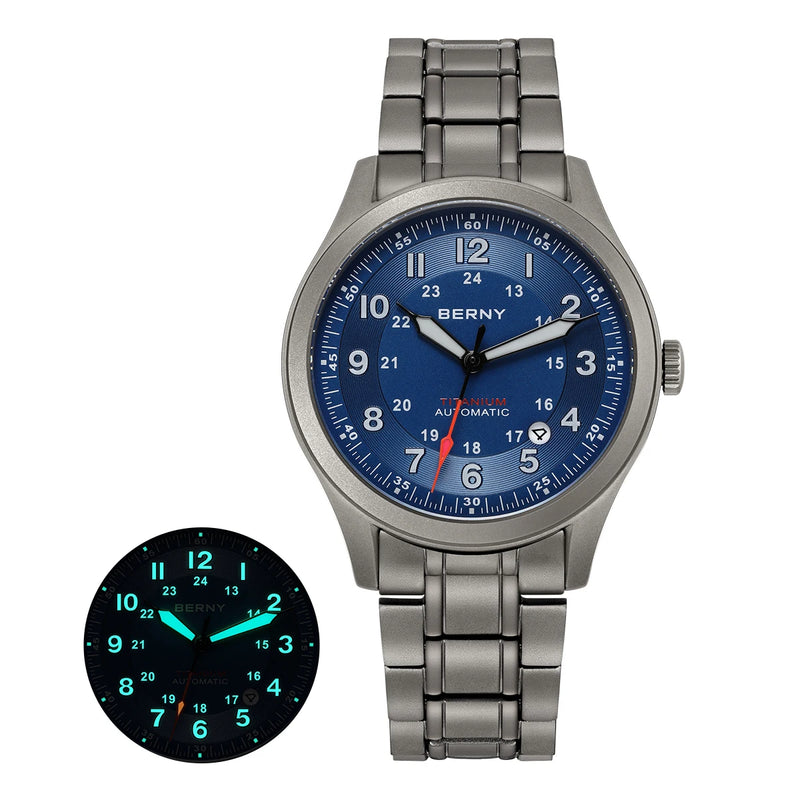 BERNY Titanium Automatic Men's Field Watches Date Sapphire Super Luminous Sports Easy Read Outdoor 10ATM Mechanical Watch