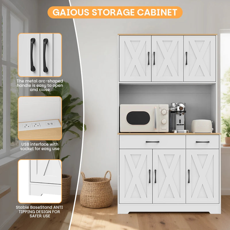 67" Food Pantry Storage Cabinet for Kitchen, White Freestanding Pantry with Charging Station, Door And Adjustable Shelves, Buffet Cabinet for Kitchen, Living Room, And Dining Room, Freestanding Tall Pantry with Microwave Shel
