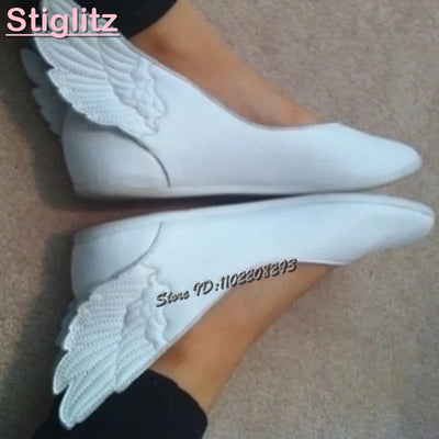 Retro White Wings Ballet Flats Solid Round Toe Sewing | SAMAG