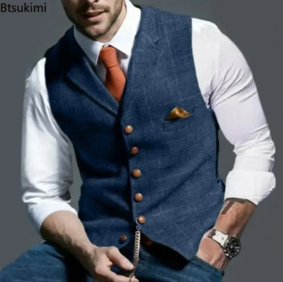 Men's Formal Vests Lapel Tweed Plaid V-neck Waistcoat | SAMAG