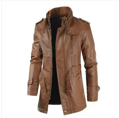 Autumn And Winter New Men's Medium And Long Leather Jacket Stand-up Collar Piled Thickened PU Leather Jacket