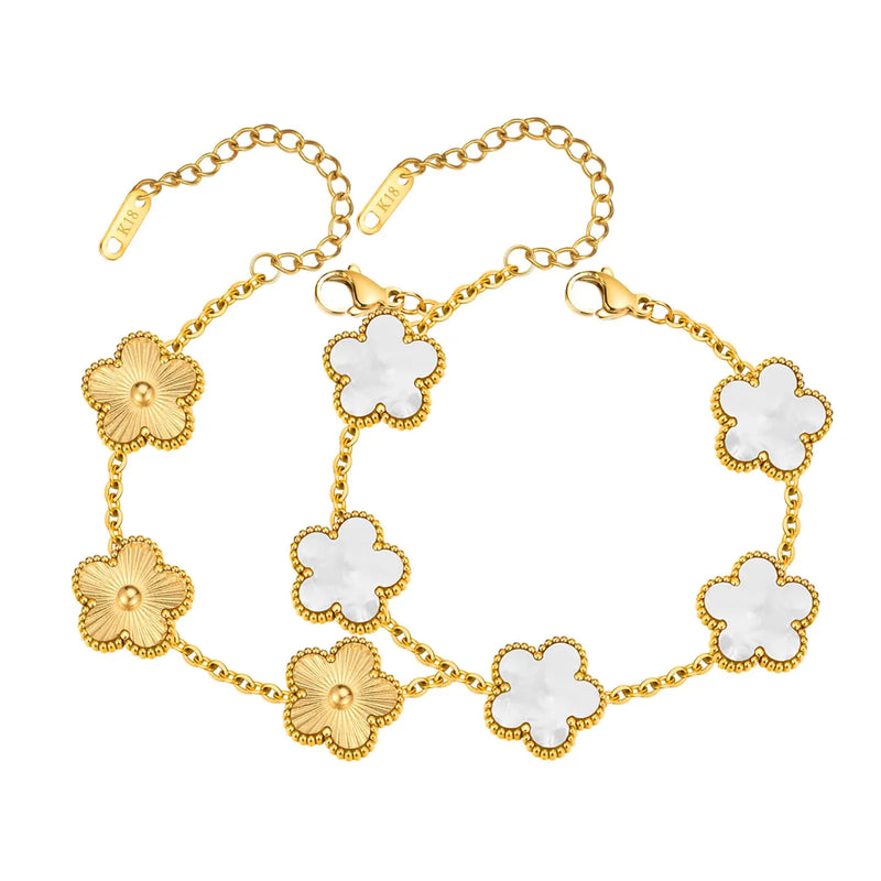 18K Gold Plated Floral Bracelets, Stainless Steel Charm Bracelet Non-Tarnish, Adjustable Lucky Chain Set Trendy Gift