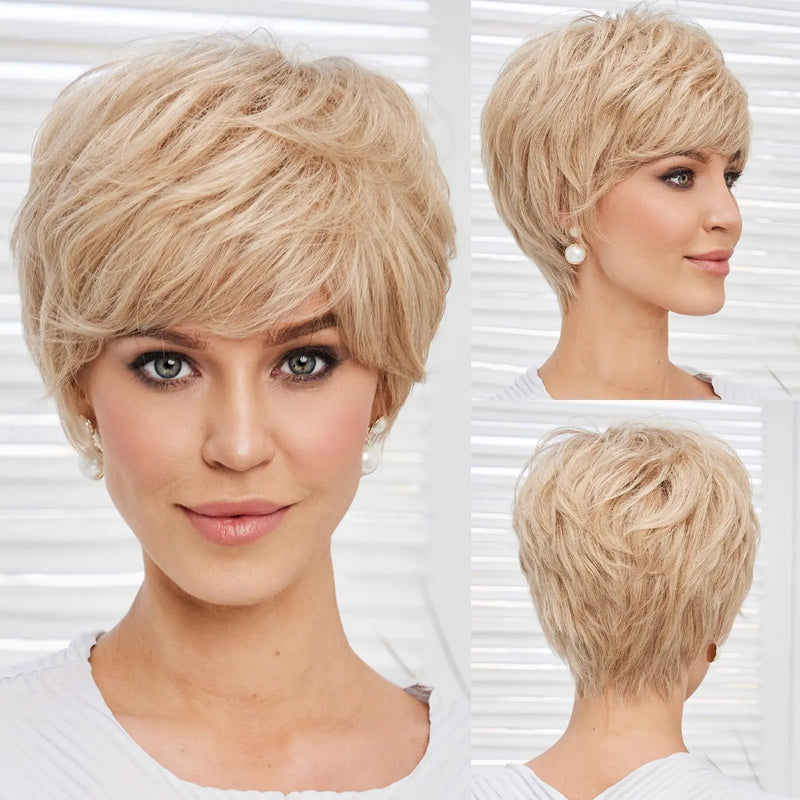 Short Ombre Blonde 100% Human Hair Wigs for Women Afro Remy Wig with Bang Pixie Cut Layered Human Hair Machine Made Women Wigs