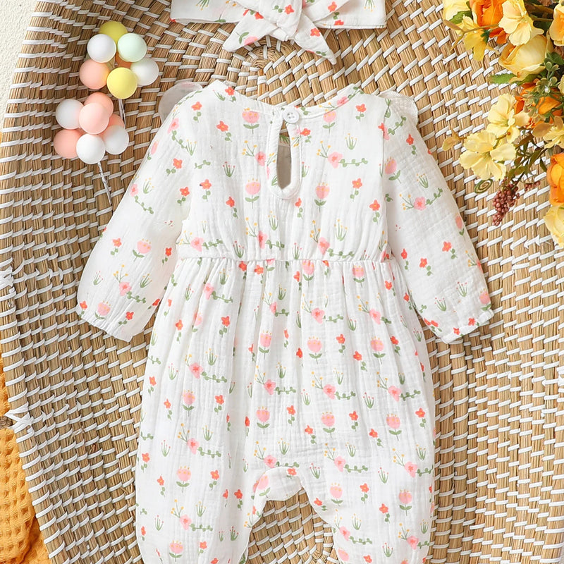 Baby Girl's All Seasons Long Sleeve Print Floral With Bow Daily Jumpsuit For Newborn-6M Clothes +Headband