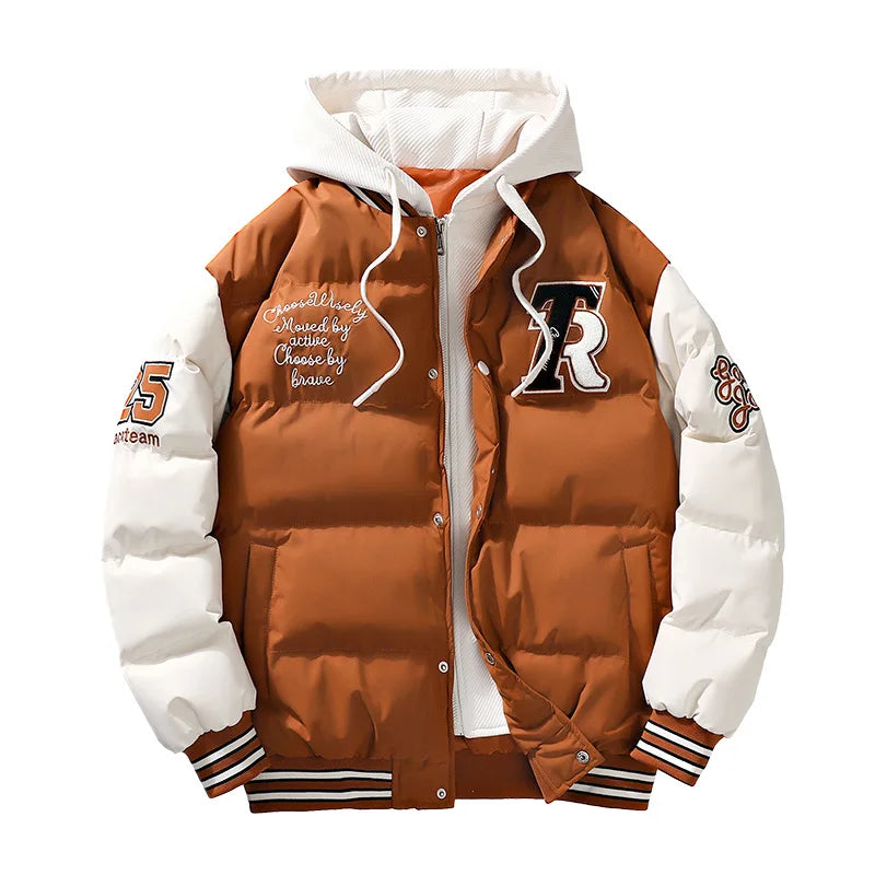 Men's Parka Cotton Padded Jacket Hooded Letter Embroidery Zipper Pockets Coldproof Outerwear Male Coat Streetwear Chic Hot Sales