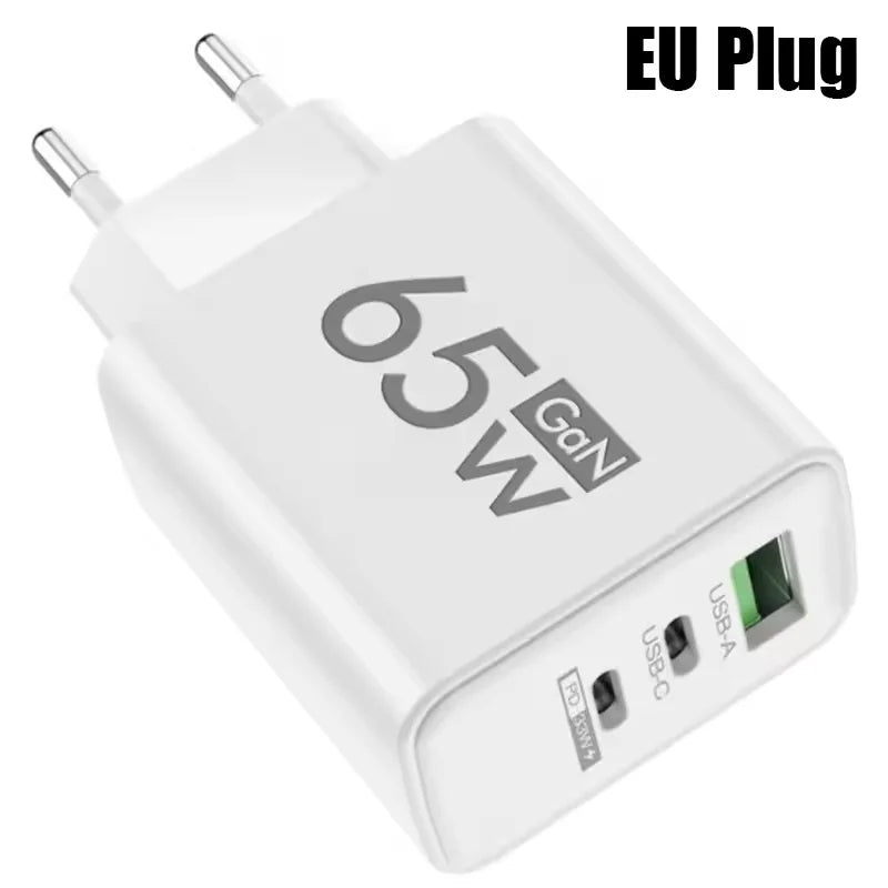 65W USB C GaN Charger 3 Ports Fast Charging Adapter 10A USB To Type C Data Cable PD USB QC3.0 Chargers for iPhone Samsung Xiaomi