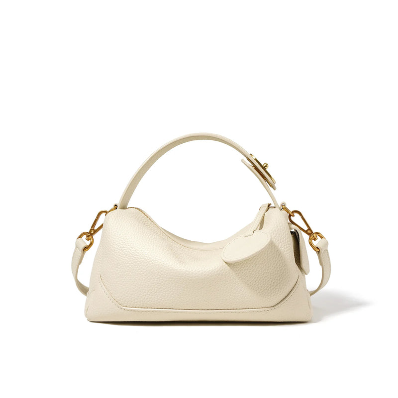 Women Genuine Leather Pillow Bag Designer Metal Hardware Top Handle Ladies Handbag Small Boston Tassel Girls Beige Leather Bag