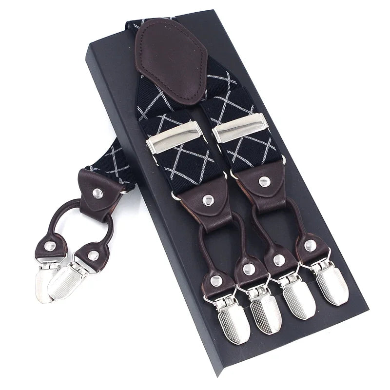 Men's Casual Fashion Leather Suspenders Adjustable High Quality Belt Strap Braces with 6 Clips