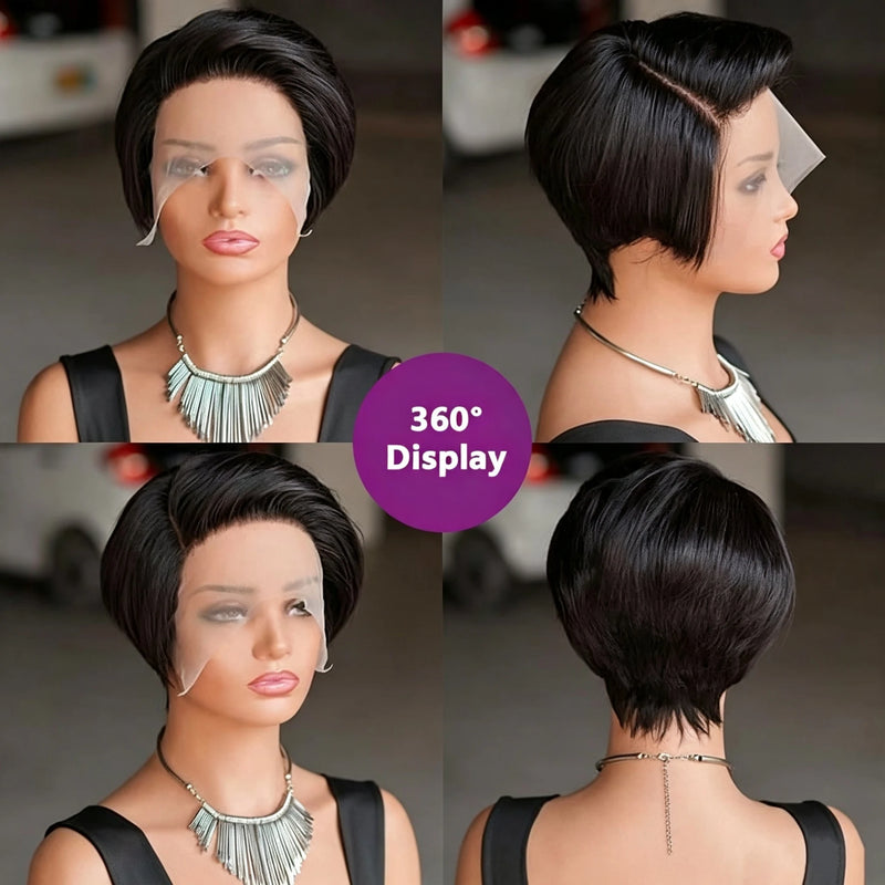 Straight Pixie Cut Wig Transparent Lace Front Human Hair Wig Short Bob Wigs 13x4 4x4 Pixie Wig Brazilian Remy Human Hair #1B Natural Color