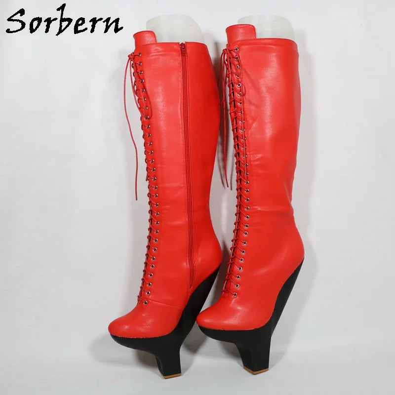 Sorbern Red Matte Hard Shaft Boots For Women Small Heels Knee Hjigh Lace Up Fetish Cosplay Boots Custom Colors
