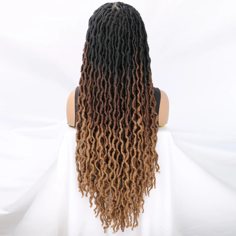 Ombre Faux Locs Wig with Baby Hair Square Part Full Lace Synthetic Braided Lace Front Wig Knotless Braided Wig with Curly Ends