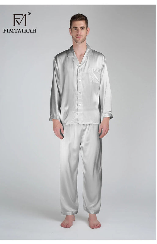 Fimtariah 30MM 100% Silk Pajamas Long Sleeve Pants Set Men's Summer Soft Shirt Pants Sets Two PIeces Autumn Winter Silk home