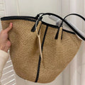 Trendy Handwoven Straw Bucket Bag Color Block Knotted Design Summer Beach Shoulder Tote Vegan Rattan Hobo Purse Vacation Handbag