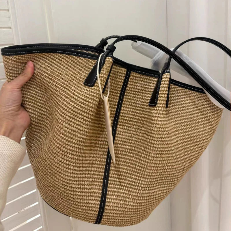 Trendy Handwoven Straw Bucket Bag Color Block Knotted Design Summer Beach Shoulder Tote Vegan Rattan Hobo Purse Vacation Handbag