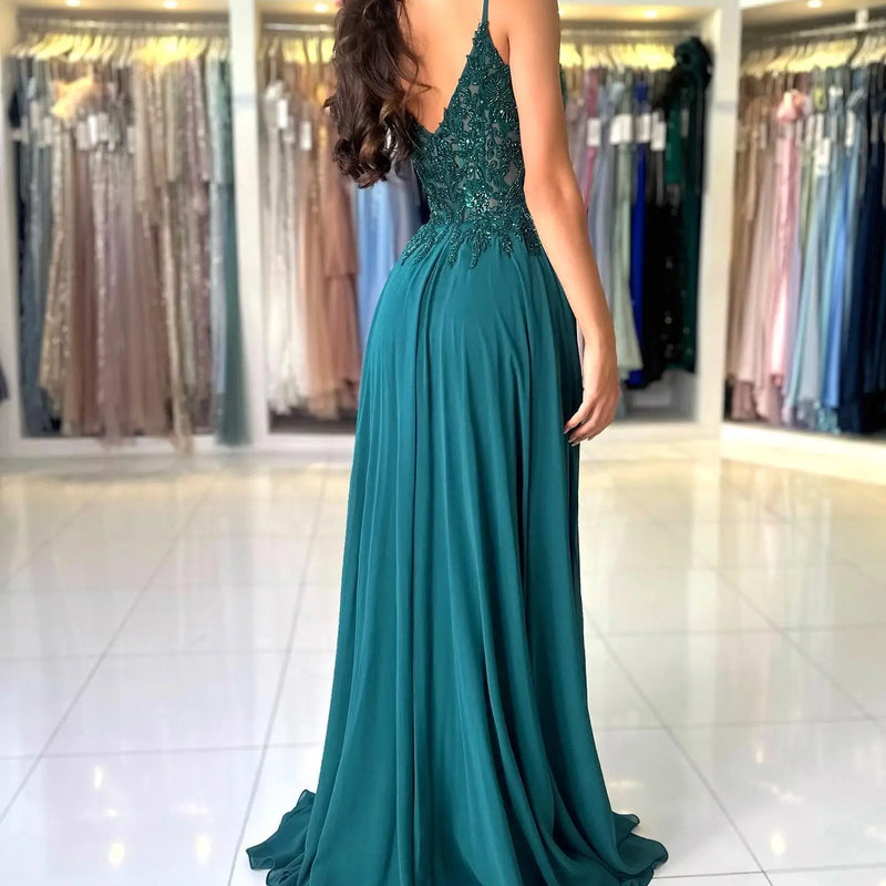 Green Chiffon Evening Dress Women Elegant Applique | SAMAG