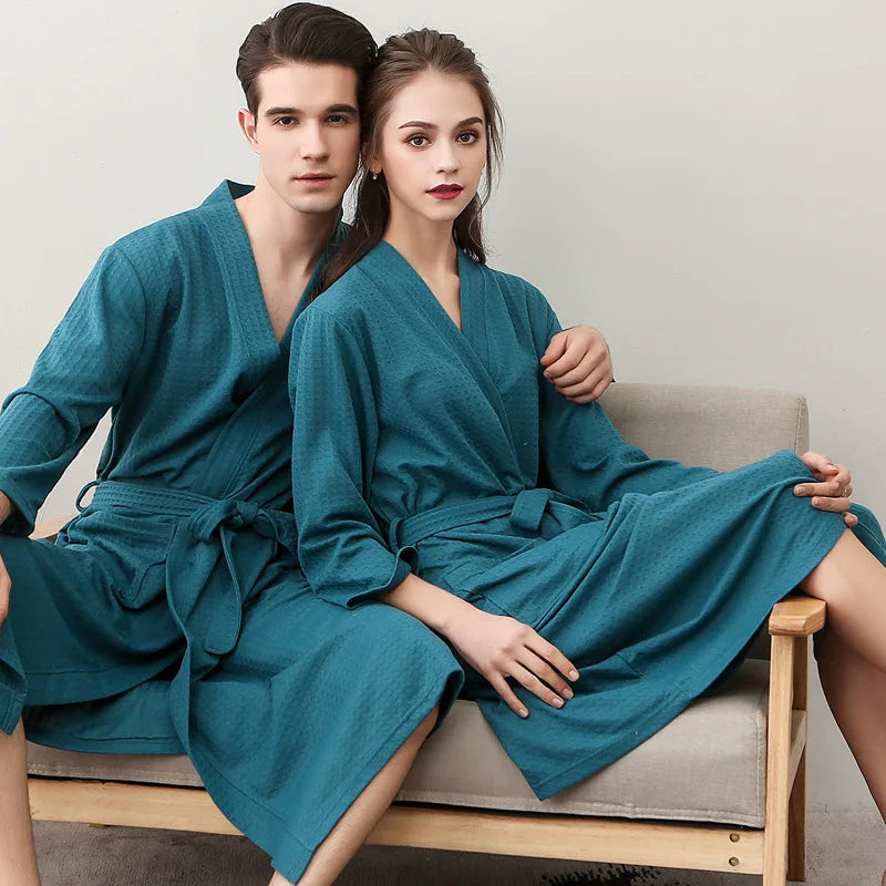 Men's and Women's Universal Waffle Seven-Sleeve Lightweight Long Bathrobe for Hotels, Soft and Breathable, Couple's Homewear