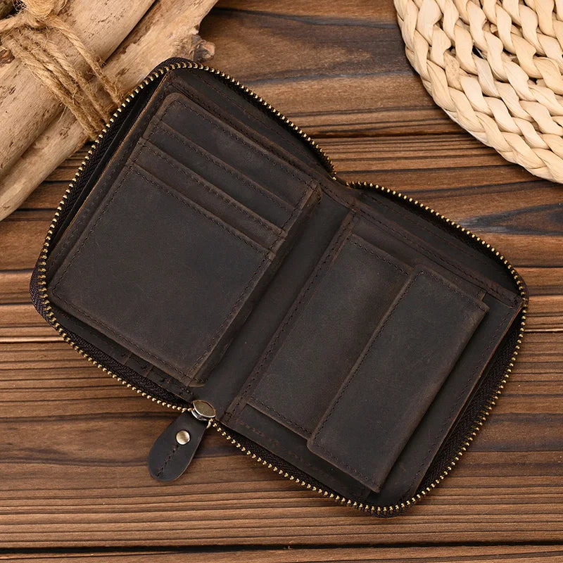 Men Crazy horse Genuine Leather Coin Wallet Real Leather Snap Short Purse Women Coin Pocket Zip Around Small Trifold Pocket