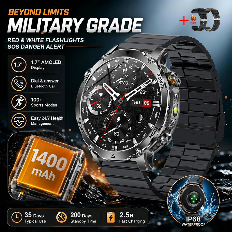 New 1400mAh Big Battery Smart Watch Men Outdoor GPS Flashlight IP68 Waterproof Bluetooth Call AMOLED Military Sports Smartwatch