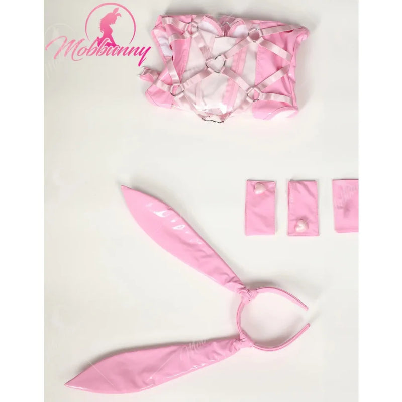 Mobbunny Women  Bunny Girl Cosplay Lingerie Set Pink Transparent Bandage Heart Buckle Bodysuit with Hand Ring Headband