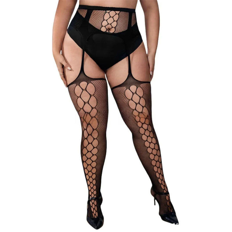 Plus Size Transparent Black Lace Silicone Non-Slip Mesh Stockings Sexy Fishnet Stocking Thigh High Tights Long Socks for Women
