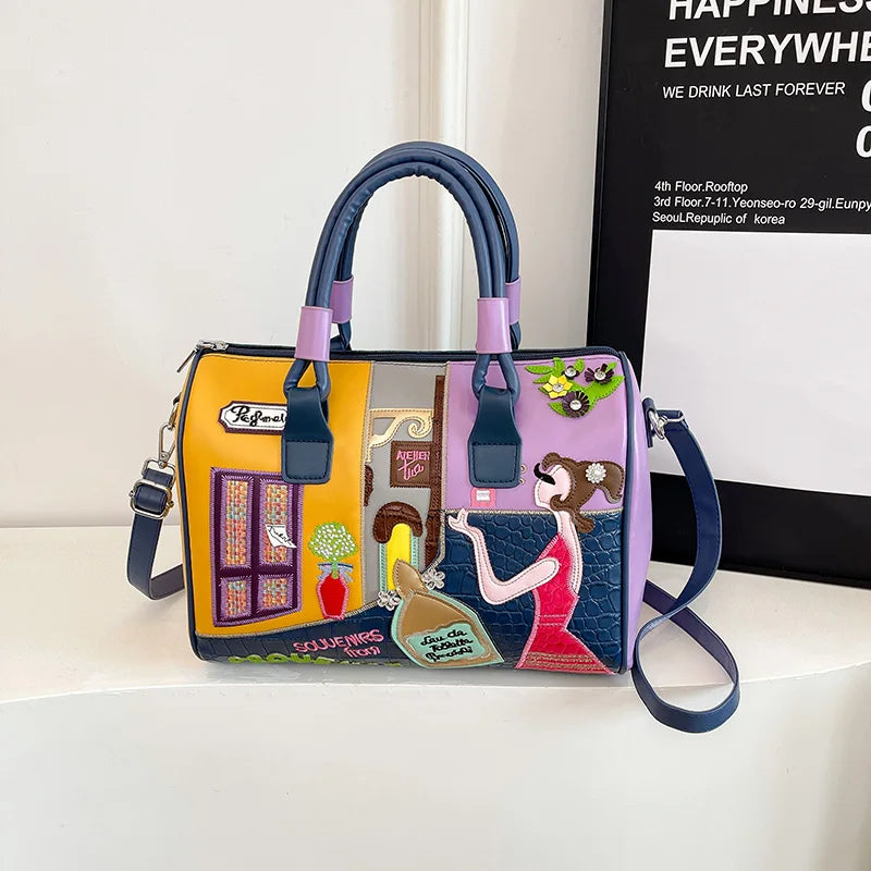 Women PU Leather Boston Handbag Large Capacity Zipper Crossbody Shoulder Bag Casual Ladies Messenger Bag