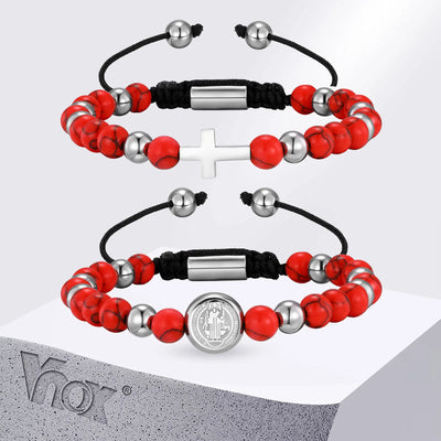 Vnox Men‘s ’Stainless Steel Saint Benedict Bracelet, Red Stone Beaded Adjustable Catholic Christian Religious Jewelry | SAMAG