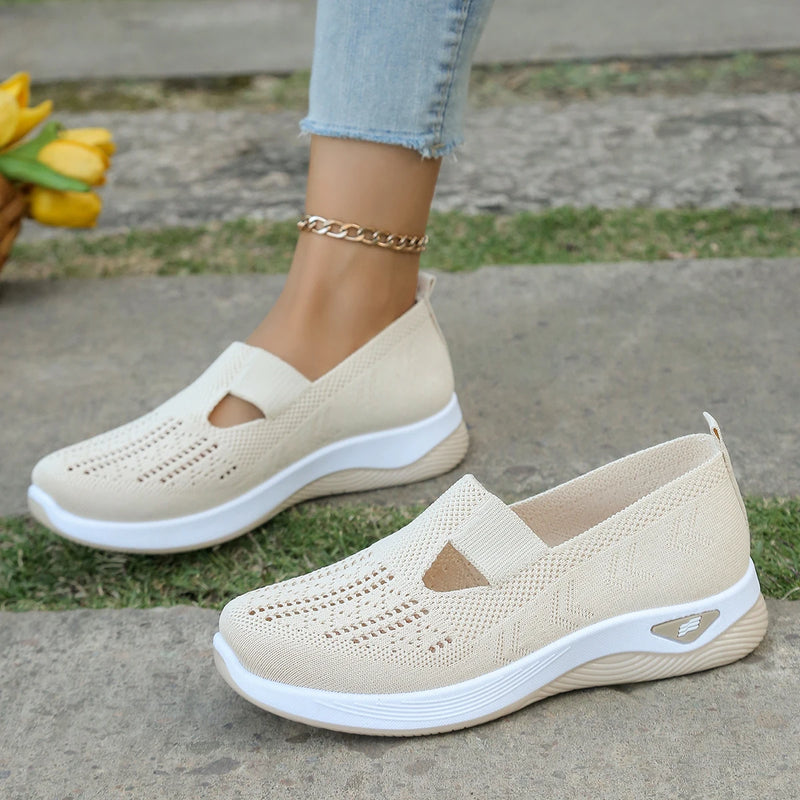Women's shoes, women's casual shoes, solid color breathable sports shoes, soft-soled lightweight walking shoes, low-top knitted