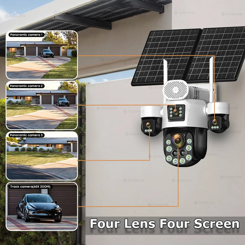 4 Lens Outdoor 360° Surveillance Solar Camera 20MP 60X Optical Zoom 4G SIM Home Security PTZ Auto Track AOV 24/7 Record CCTV Cam