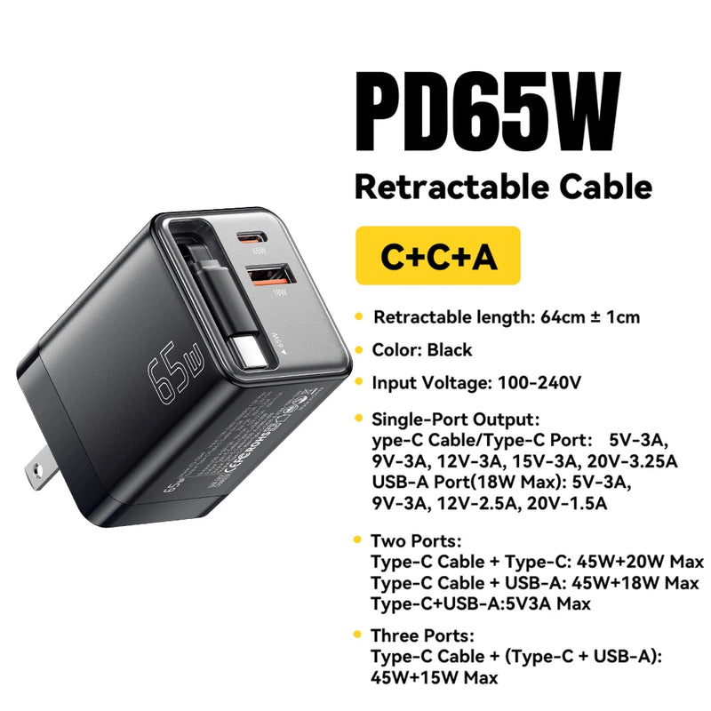 Essager 65W GaN Charger with Retractable Cable PD Fast Charging for Laptop Macbook iPhone 17 16 15 Xiaomi Type-C Phone Charger