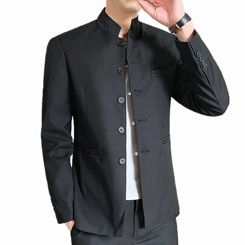 Black Stand-up Collar Men Retro Suit Jacket, Asian Size Slim-fit Blazer Coat, Single-Breasted Long-Sleeved Overcoat M-5XL