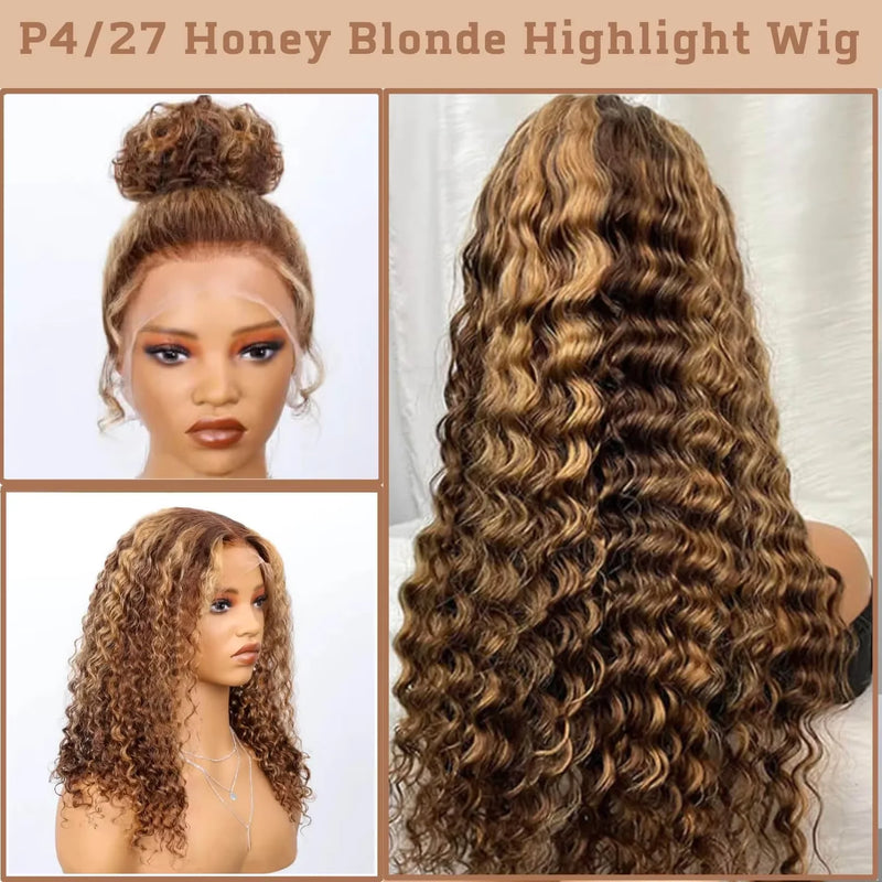 30 40 Inch Deep Wave Human Hair Wig 360 Full Lace Front with Hidden Strap 4/27 Blonde Highlights Pre Plucked Brazilian Curly Wig