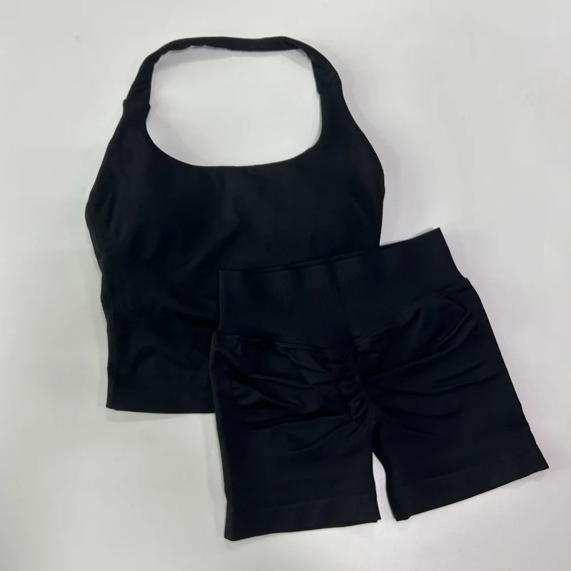 1-2pcs Gym Set Women Backless Tank Tops High Waist Scrunch Seamless Shorts High Waist Yoga Leggings Workout Sets Gym Suit