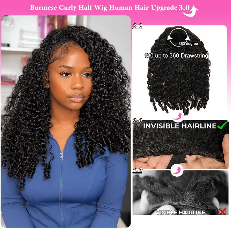 Burmese Curly Half Wig Human Hair 3 In 1 Seamless Flip Over Wigs Human Hair with Drawstring 250% Density Full Machine Made Headband Wig Beginner Friendly