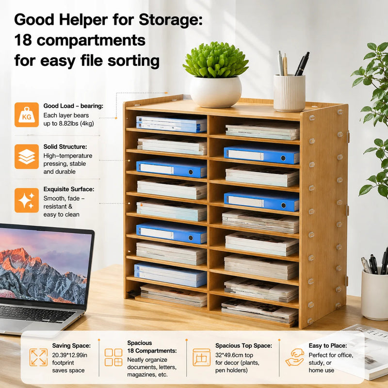 9-Tier 18 Compartments Golden Oak Wood File Literature Organizer Desk Floor Large Mailbox Center Keeper A4 Document Book Magazine Storage Bookshelf Sturdy Load Bearing Easy Assembly Space Saving for Home Office School Classro