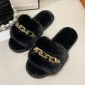 Fluffy Women's Slippers Home Winter Chain Luxury Designer Woman Shoes Plush Indoor Casual Platform Fuzzy Fur Slides Elegant New