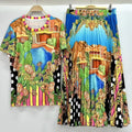 Designer retro geometric print knitted T-shirt two-piece summer women's dress+loose plus-size pleated skirt fashion suit