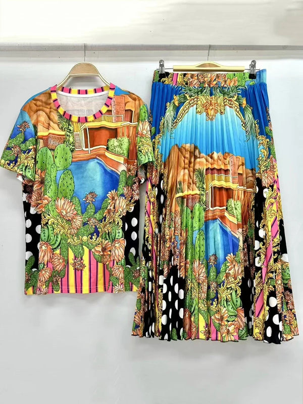 Designer retro geometric print knitted T-shirt two-piece summer women's dress+loose plus-size pleated skirt fashion suit