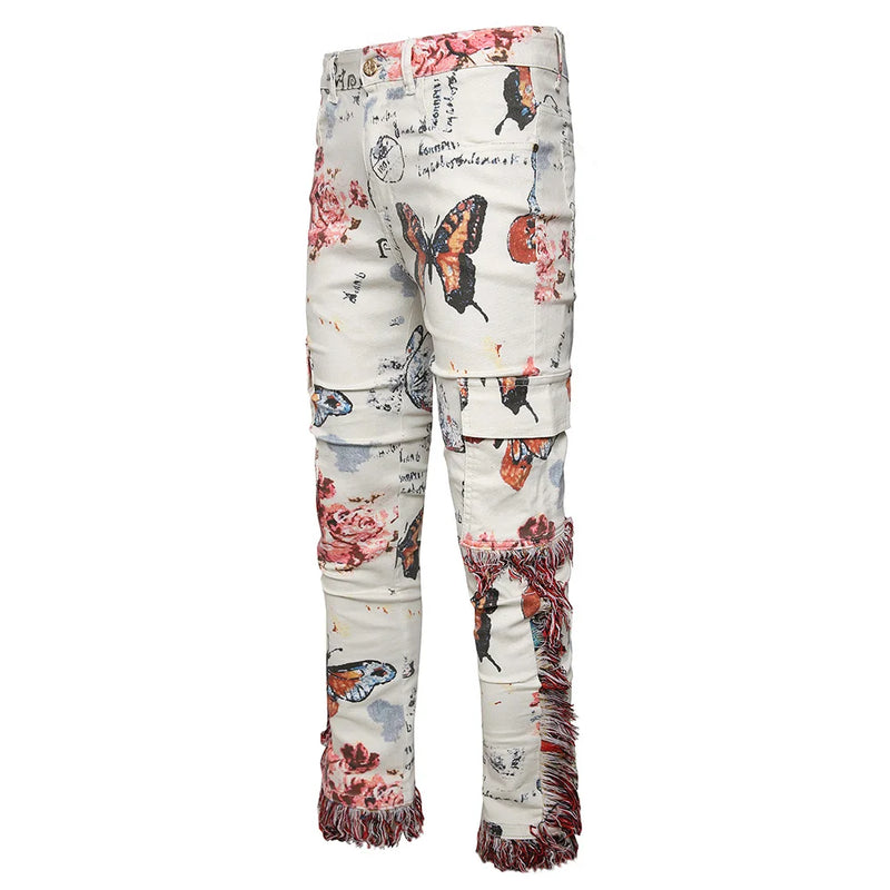 Men Butterfly Print Denim Jeans Flower Pattern White | SAMAG
