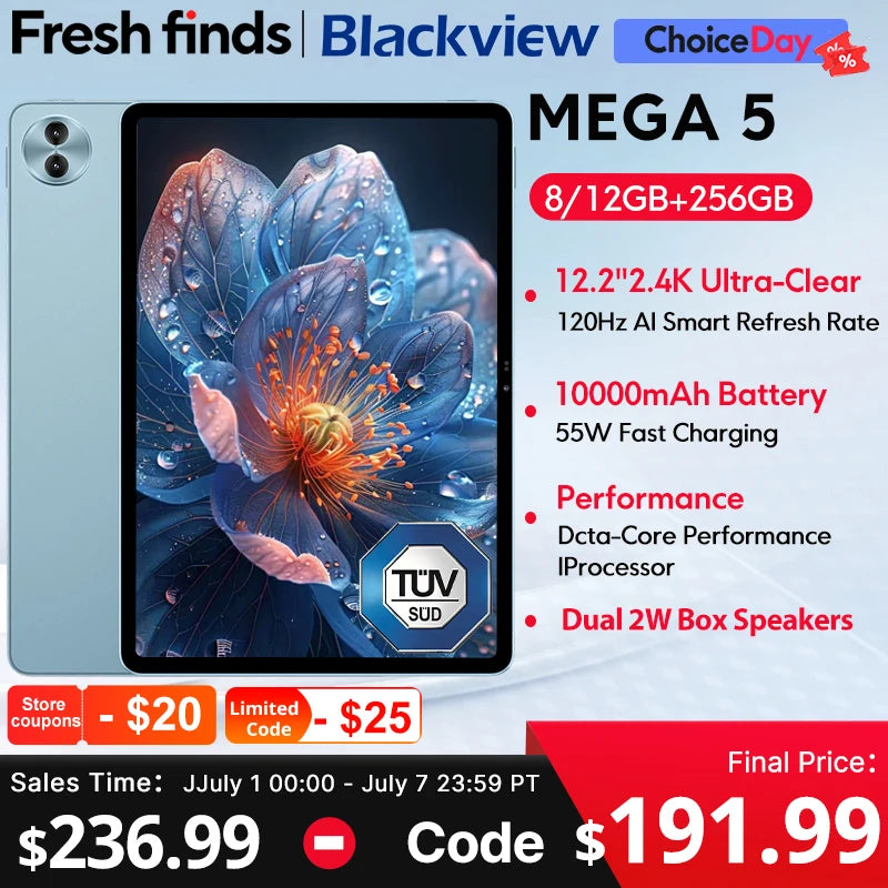 New Blackview MEGA 5 AI Tablet 12.2" 2.4K 120Hz Display 12GB 256GB 10000mAh 55W Charging 4G Android 16 PC Pad ﻿