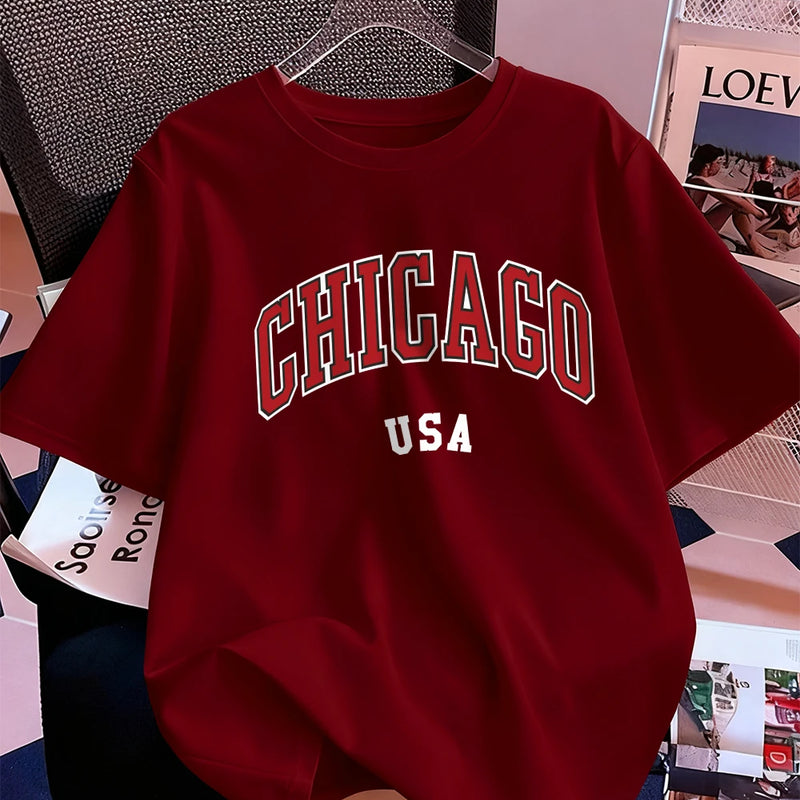 Chicago Usa Letter Printing T-Shirt Women Cotton Summer Short Sleeve Tops Comfortable Soft O-Neck T Shirt Casual Womans Clothes