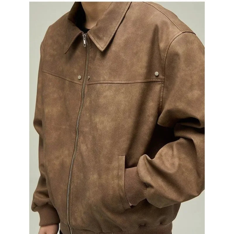 American Retro Brown Motorcycle Mens Leather Jacket Maillard Style Loose Lapel Zipper Men and Women Couple Bomber Jacket Coat