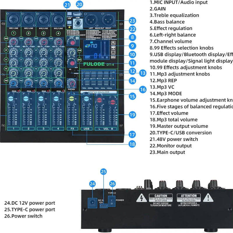 4 Channel Audio Mixer 48V Phantom Power USB Studio Sound Mixers Bluetooth DJ Console Mixing for Karaok