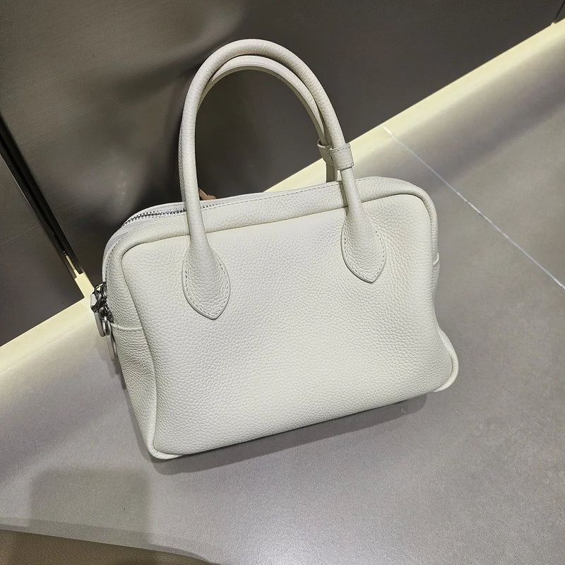 Genuine Leather Women's Boston Bag, New Niche Design Double Zipper Simple Wide Shoulder Strap Fashion Portable Shoulder Bag