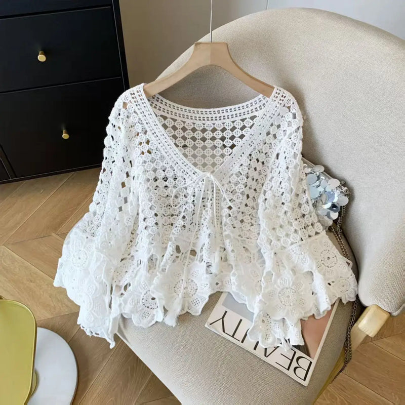 Bohemian Style Crochet Lace V Neck Cardigan Beachwear - View 7 | SAMAG